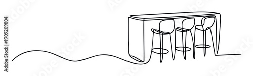 Modern minimalist continuous line drawing featuring a stylish bar counter with three elegant stools, perfect for interior design inspiration, event promotion, or contemporary hospitality