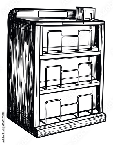 A classic styled wooden shelf unit with multiple compartments and wire dividers provides organized storage for various items, perfect for stationery, home organization, or office related