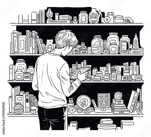 Young man browsing a bookshelf filled with books and various items showcasing a studious and organized home library environment perfect for educational and lifestyle content