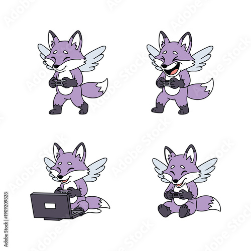 Cartoon fox character with wings using laptop in various poses with copy space