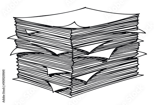 Black and white doodle of multiple layered documents symbolizing administrative work, bureaucracy, or important records for professional and academic contexts