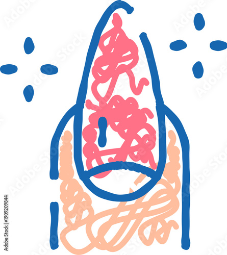 Stylized drawing showing a neat human finger with a long fingernail covered in a vibrant red polish scribble design, representing beauty and fashion treatments