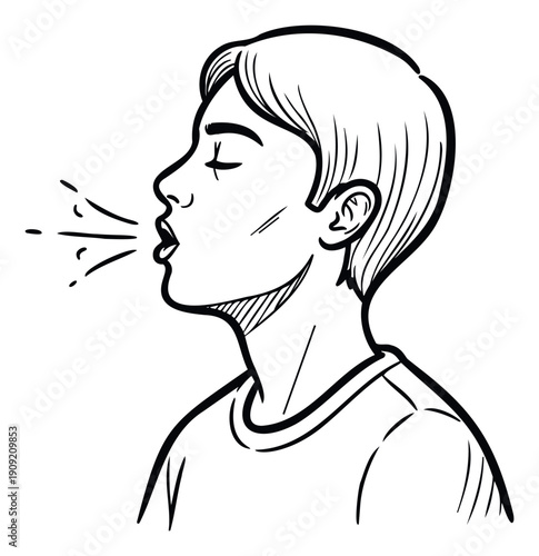 Young man in profile exhaling or making a blowing sound with closed eyes, ideal for representing concepts of breath, expression, or communication in various media projects.