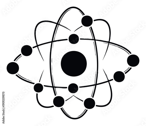 Stylized atomic model featuring a central nucleus and orbiting electrons with brushstroke textures representing scientific concepts for education and technological branding