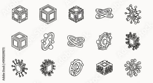 Set of abstract geometric shapes and icons in line art style, representing technology, science, and data
