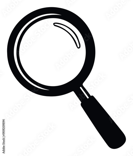 Sleek black magnifying glass icon symbolizing search, investigation, and analysis, perfect for user interface elements, educational materials, and professional presentations