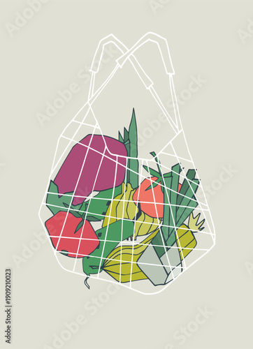 A mesh bag with vegetables. Printed image for decorating a store, market, or farmers' market. Abstract colorful illustrations on beige background. Healthy food, carbs, veganism concept
