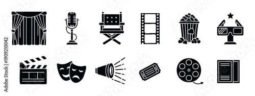 Unified collection of black glyph icons depicting the core elements of cinema, film production, and live stage theater, featuring clapperboard, director chair, film reel, and comedy masks,