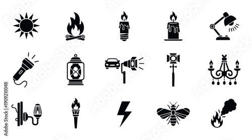 Comprehensive collection of diverse light source icons including sun, candle, lamp, flashlight, and fire for educational and graphic design projects