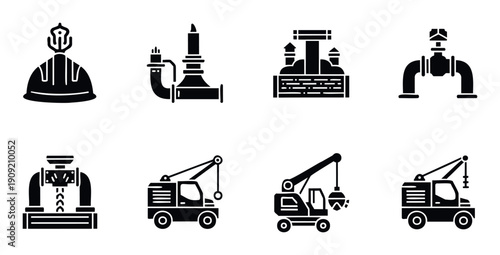 Versatile collection of industrial and construction heavy equipment glyph icons for engineering, manufacturing, infrastructure, and worker safety applications