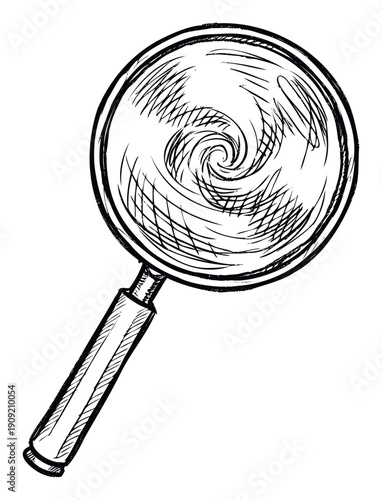 A black and white hand drawn magnifying glass with a swirling spiral effect in the lens represents investigation and mystery, ideal for educational materials or detective stories.