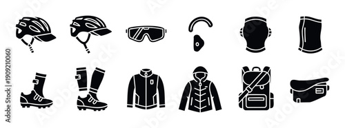 Comprehensive collection of cycling and outdoor sports equipment including helmets goggles protective pads specialized shoes jackets and bags for active lifestyle enthusiasts