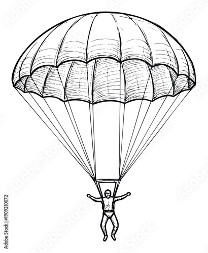 Parachutist gracefully descends with a fully deployed parachute, engaging in an exhilarating extreme sport activity suitable for adventure tourism campaigns or aviation safety training.