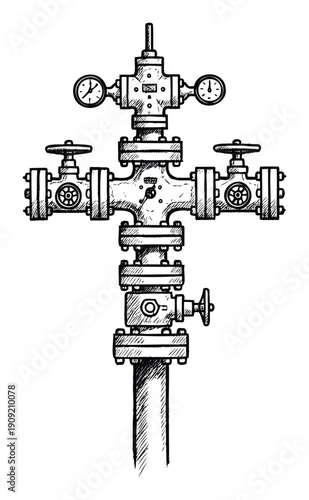 Sketch of an industrial wellhead assembly, also known as a Christmas tree, featuring various control valves and pressure gauges crucial for oilfield operations and resource management