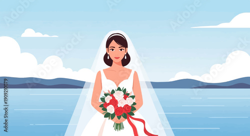 A bride in a white dress holds a bouquet by the water