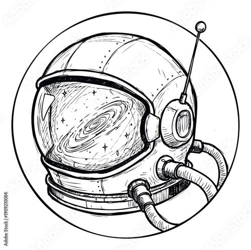 Detailed black and white drawing of a futuristic space helmet showcasing a swirling galaxy within its reflective visor, suitable for scifi posters, astronomical studies, or visionary