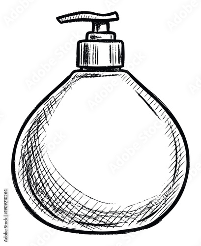 Hand drawn sketch style liquid soap dispenser bottle with grunge texture ideal for packaging labels health product imagery and bathroom kitchen supplies