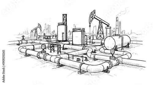 Hand drawn sketch of an oil refinery complex featuring multiple drilling rigs storage tanks and extensive pipeline network showcasing industrial energy production for educational materials
