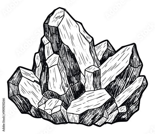 Detailed handdrawn crystal cluster illustration perfect for geology and nature themed projects, educational materials, or mystic and fantasy graphic designs