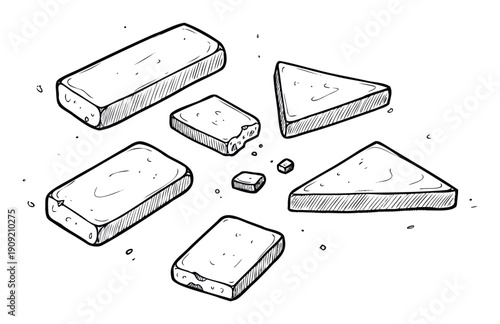 Hand drawn sketch of various bread slices and toast pieces in different shapes with scattered crumbs, great for foodthemed graphics, menu illustrations, and culinary content.
