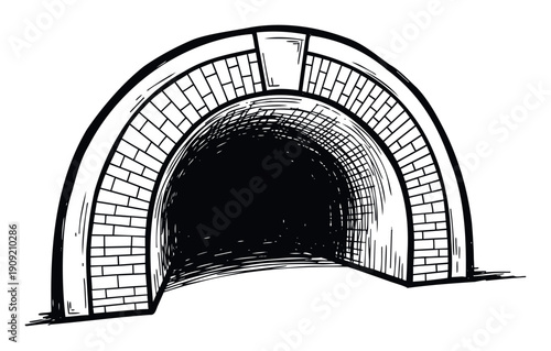 Sketchy hand drawn brick archway tunnel entrance providing a clear pathway forward, perfect for architectural designs, historical themes, or various graphic projects.