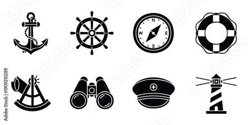 Collection of essential nautical navigation and maritime symbols representing sea travel and exploration, ideal for web graphics app interfaces educational materials or commercial projects.