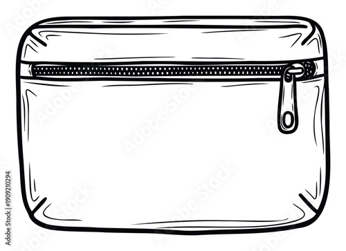 Minimalist outline drawing of a rectangular pouch with a top zipper closure ideal for packaging or displaying personal care products and organizing small items
