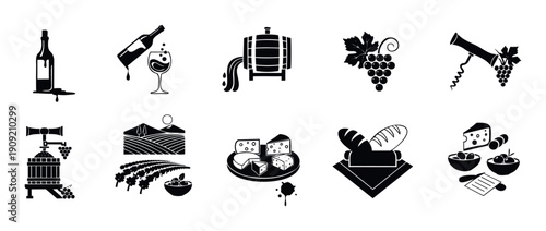 A comprehensive set of wine production, viticulture, and food pairing icons, perfect for menus, branding, websites, or informational graphics related to wineries and gastronomy