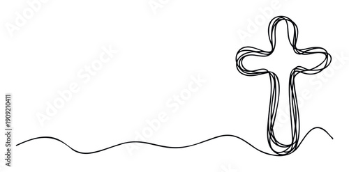 Minimalist one line art illustrating a stylized religious cross on a subtle wavy ground suitable for spiritual themes or abstract faith presentations and worship publications.