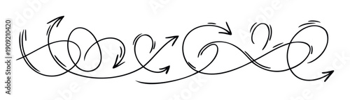 Monochromatic hand drawn scribble arrows and winding lines symbolizing complex progression and interconnected ideas suitable for educational and business graphics