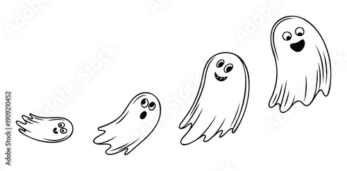 Adorable cartoon ghosts depicting different emotions are ideal for spooky season events, Halloween party invitations, childrens book illustrations, and fun holiday marketing materials.