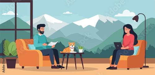 A cozy indoor scene with people, a dog, and a mountain view