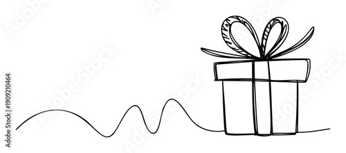 Minimalist line drawing of a charming gift box with a decorative ribbon bow connected by a smooth wavy path, perfect for holiday greetings, event invitations, or celebration announcements.