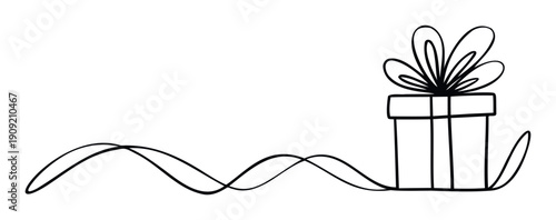 Simple black line drawing of a gift box with a bow and flowing ribbons creating a festive decorative border for celebration greetings or holiday promotions