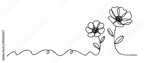 Continuous single line drawing of two minimalist black outline flowers with stems and leaves, ideal for decorative graphic elements, simple prints, or modern web accents.