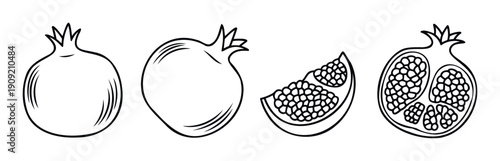 Simple black outline drawings of pomegranates, including whole fruit, a half, and a slice, perfect for healthy food packaging, recipe books, or kitchen decor graphics