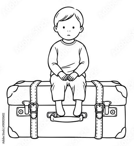 Line drawing of a sad child patiently sitting on a suitcase, evoking themes of waiting and travel for various childrens book illustrations or journey related projects