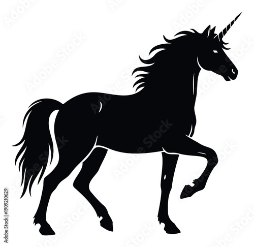 A majestic mythological unicorn silhouette standing gracefully, symbolizing magic and purity, perfect for mystical themes, branding, or enchanting graphic projects.
