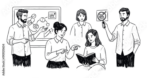 Asian women and men collaborating on a business project, engaging in a presentation, discussing strategies, and analyzing data for corporate training and educational content.