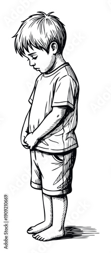 A young boy stands looking down with his hands clasped, expressing deep sadness or quiet introspection, perfect for themes of childhood emotions and behavioral reflection.