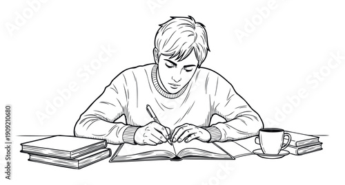 Young man intently writing in an open book at a desk filled with more books and a hot beverage, perfect for educational materials, study guides, and academic promotions