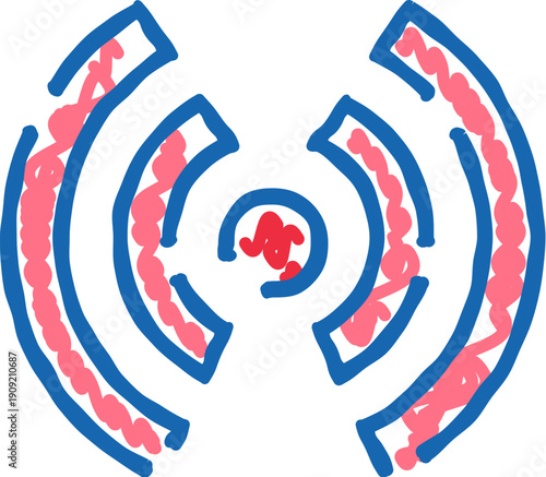 Hand drawn blue and red doodle style illustration of a wireless network symbol transmitting a strong radio signal, representing modern communication, internet connection, and data transmission
