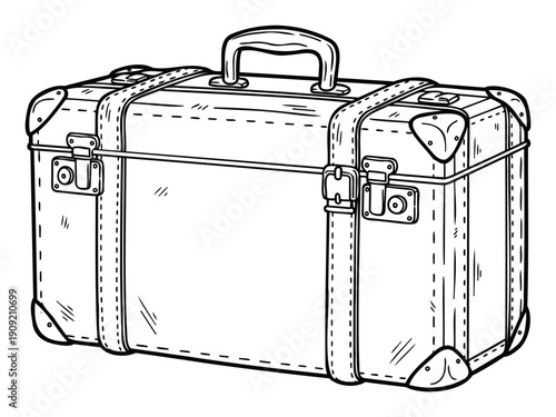 Classic hand drawn outline of an oldfashioned travel trunk with sturdy straps and metal latches, perfect for conveying themes of journeys, vacations, and historical adventures in print or