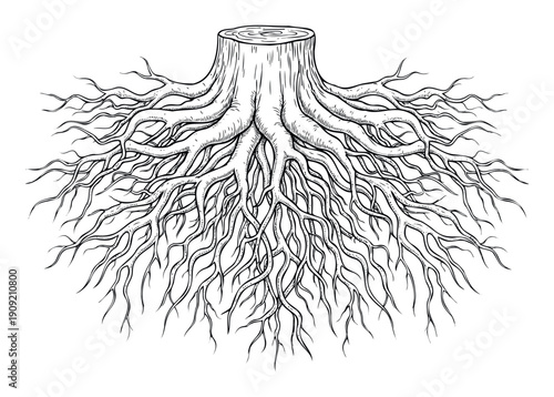 Detailed hand drawn representation of a robust tree stump and its complex underground root system, ideal for ecological studies, agricultural publications, or symbolizing foundational