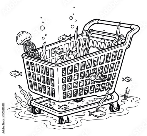 Underwater shopping cart transformed into a marine ecosystem featuring various sea creatures and plants, perfect for environmental conservation campaigns and ecological awareness