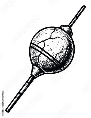 Classic handdrawn fishing bobber with rustic textured details, ideal for outdoor recreation blogs, fishing club advertisements, or naturethemed graphic projects.