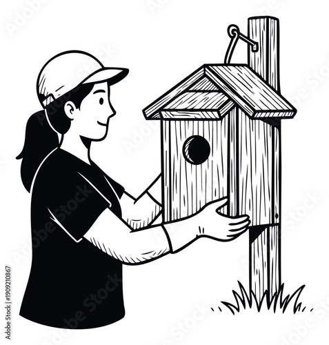 A smiling woman wearing a baseball cap and work gloves carefully interacts with a rustic wooden birdhouse fixed to a tall post, suitable for content related to spring activities, outdoor