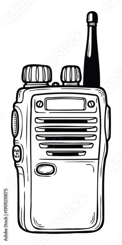 A vintagestyle handdrawn walkietalkie device, essential communication equipment for outdoor adventures or professional security operations, useful for graphic assets
