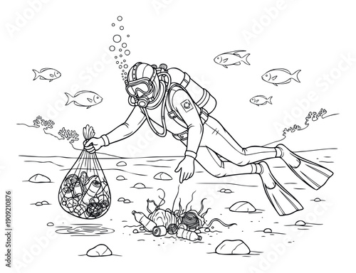 Scuba diver actively collects discarded plastic bottles, cans, and ocean floor debris into a mesh bag, advocating for marine ecosystem conservation in educational and environmental