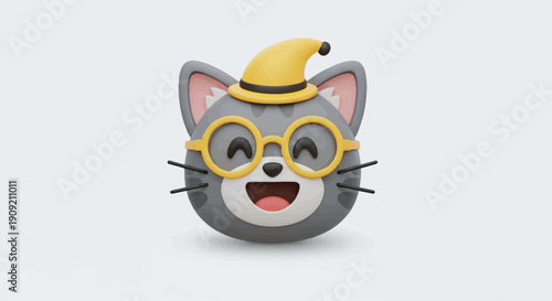 A cartoon cat face with a yellow hat and glasses smiles widely